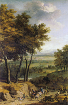 Landscape with view towards Munich, with a hunting party returning home by Franz Joachim Beich