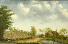 Landschap in oogsttijd met enige personen by Jacob Bonga