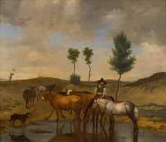 Landschap met paarden en koeien, bij een wed by Hendrick ten Oever