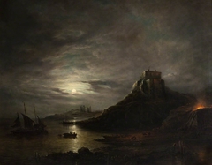Lindisfarne Castle and Abbey, Holy Island, by Moonlight by John Moore of Ipswich