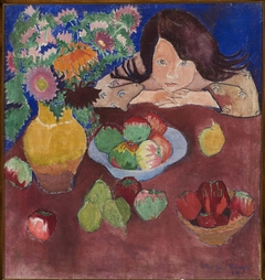 Little girl at a table with fruit by Romuald Kamil Witkowski