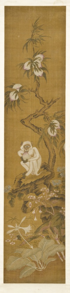 Monkey in a Peach Tree, One-panel Folding Screen by Unknown Artist