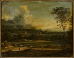 Mountain landscape with a lake and buildings by Johann Christian Vollerdt