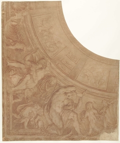 Ontwerp voor een hoekstuk van een plafond met figuren, putti en buste van een man by Mattheus Terwesten