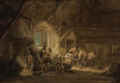 Peasants drinking and playing backgammon in an interior by Isaac van Ostade