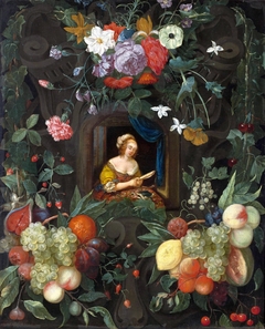 Portrait of a lady surrounded by a garland. by Cornelis van Huynen