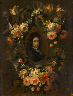 Portrait of a Man Encircled by a Wreath of Flowers