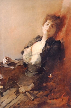 Portrait of a woman with a fan and a cigarette.