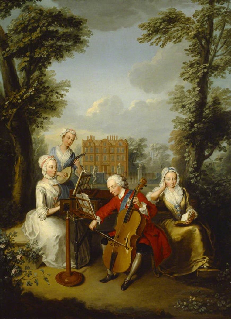 Prince Frederick Louis, Prince of Wales (1707–1751) playing the Cello, accompanied by his Sisters, Anne (1709 - 1759), Caroline (1713 - 1757) and Amelia (1711 - 1786), making Music at Kew