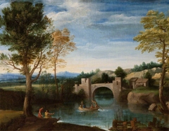 River Scene with Fortified Bridge and Figures in a Boat