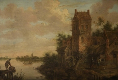 Riverside Scene with Buildings and Figures