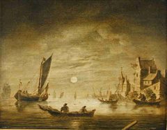 Riviergezicht bij maanlicht by Cornelis Pietersz de Mooy