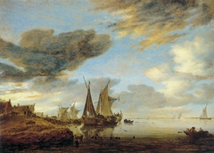 Sailing Vessels moored near a Village by Salomon van Ruysdael