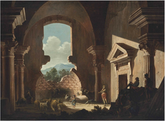 Shepherds and their flock, soldiers and a draughtsman inside ancient ruins by Niccolò Codazzi