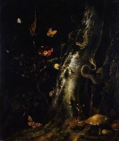 Silver birch trunk and branch with rose, lizards, a snake, toadstools, butterflies and a snail by Otto Marseus van Schrieck