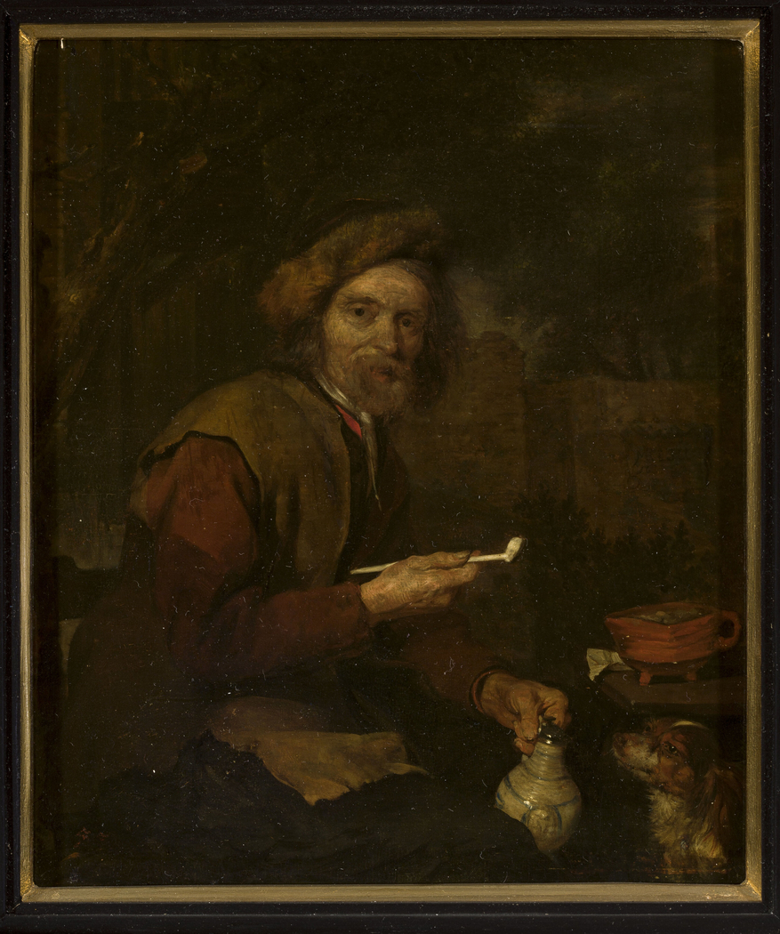 Smoker with a pipe and a pitcher in his hands