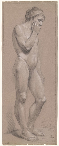 Staand mannelijk naakt, naar rechts, de rechterhand tegen het gezicht by Unknown Artist