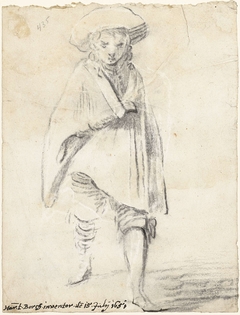 Staande figuur van een jongeman met een mantel om zich heen geslagen by Harmen ter Borch