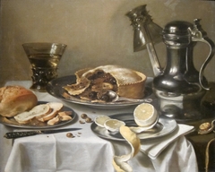Still Life (Breakfast Piece with Berckemeyer))Alternative title(s):Still life with a Rembrandt Jug, two Berkemeyers, a Fruit-pie, plates with bread and a peeled lemon by Pieter Claesz