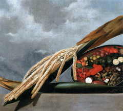 Still-life of flowering coconut palm, nuts and red pepers by Albert Eckhout