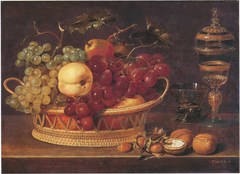 Still life of fruit in a wicker basket, with nuts and a glass goblet
