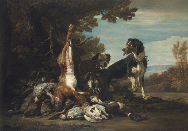 Still life of game, with two dogs, in a landscape