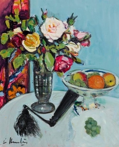 Still Life - Roses and a Black Fan by George Leslie Hunter