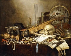 Still life with skull, globe, shells, jewelry box and other objects
