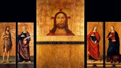 Triptych: Bust of Christ, Saint John the Baptist and Saint Peter. Closed: Saint John the Evangelist and Saint Colombe