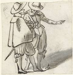 Twee staande mannen praten met elkaar by Unknown Artist