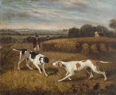 Two Pointers in a Cornfield, with Gunsmen behind by Anonymous