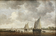 Two Sailboats on a River with Cattle on the Riverbank by Jan van Goyen