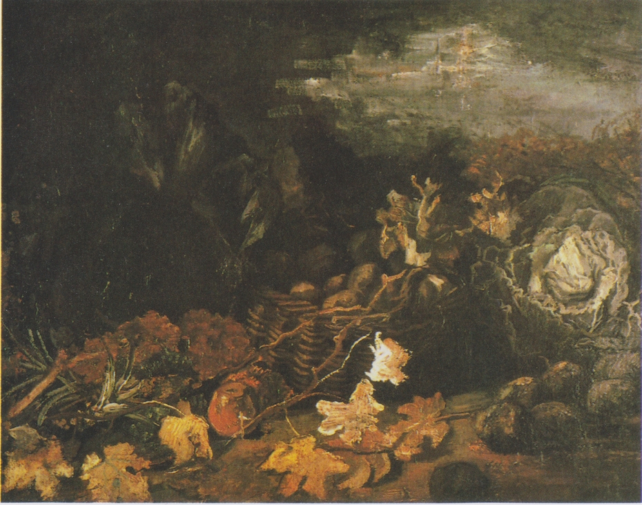 Still Life with cabbages, potato basket and leaves
