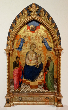 Vierge à l'enfant sur un trône avec saint Jean-Baptiste et saint Pierre, deux anges et le Père bénissant by Ambrogio di Baldese