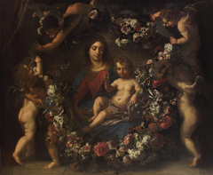 Virgin with child in a wreath of flowers