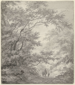 Weg in een bosachtige streek, waarop drie reizigers naderen by Franciscus Andreas Milatz
