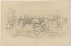 Weide met twee koeien bij een hek by Jozef Israëls