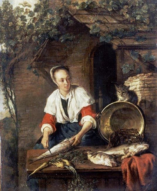 Woman Cleaning a Fish, with a Cat