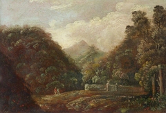 Wooded and Hilly Landscape with Two Figures by a Stone Wall with a Gate by Anonymous