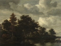 Woodland landscape with figures by a river