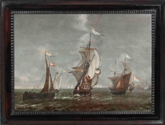 Zeegezicht met zeilend oorlogschip op voorgrond by anonymous painter