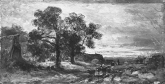 Zwei Bauernhäuser unter Bäumen mit vorbeiziehender Rinderherde by Eduard Schleich the Elder