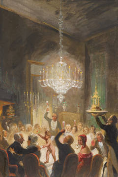 1818, zilveren bruiloft van echtpaar Wurfbain-Hurrelbrinck in logement De Zwaan op de Nieuwendijk by Nicolaas Pieneman