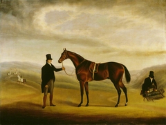 A Dark Bay Racehorse held by a Trainer in a Landscape by Samuel Spode
