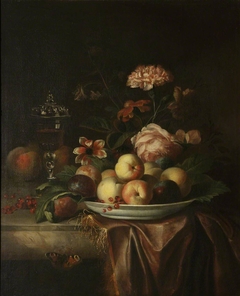 A Dish of Peaches and Plums on a Marble Table with Flowers and a Glass Chalice