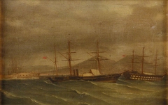 A paddle frigate in a rough sea off Naples by Antonio de Simone the Elder