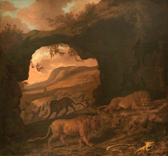 A Pair of Lions with a Leopard in a Cave