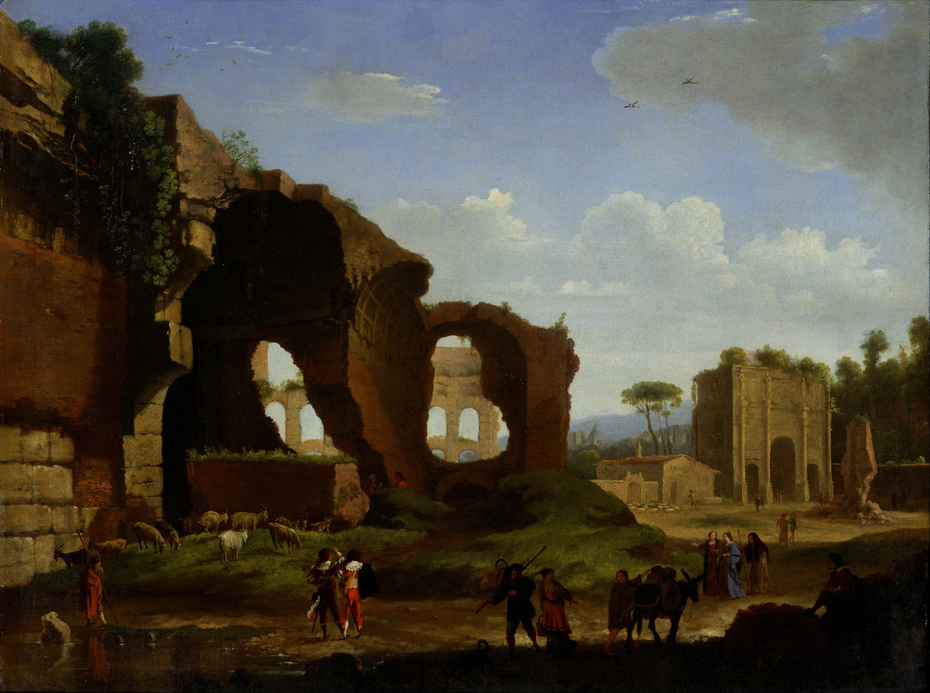 A Roman View of the Ruins of the Temple of Venus and Rome with the Colosseum and the Arch of Constantine