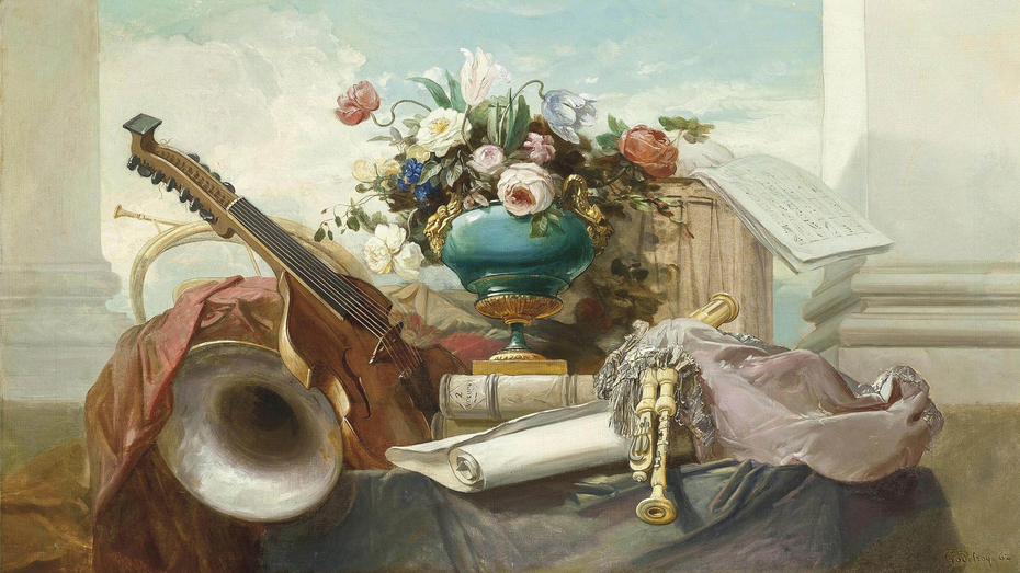 A Violin, Bagpipes, a Drum, a Music Score, and an Ormolu-Mounted Vase with Roses and Other Flowers on a Draped Ledge