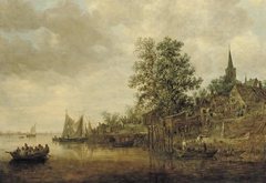 A wooded landscape with shipping on a river, a village nearby